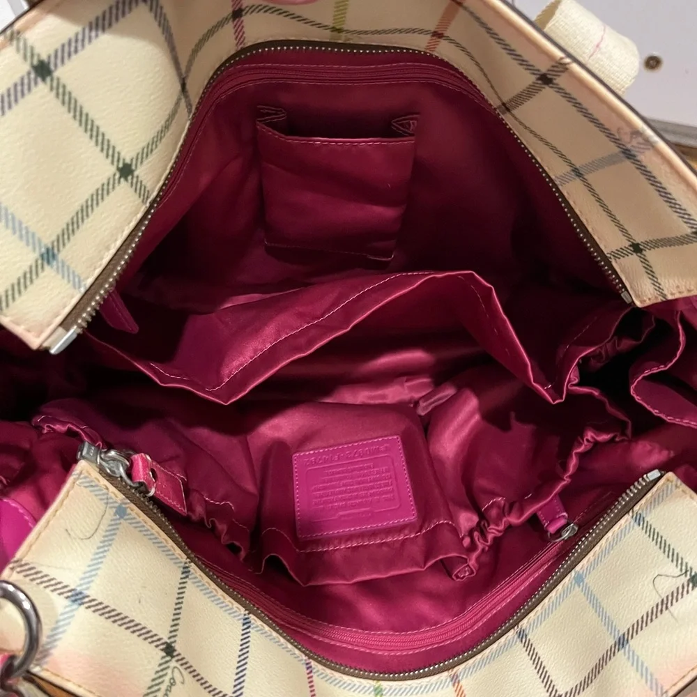 Coach Beige Plaid Canvas Laptop Tote with Pink Accent